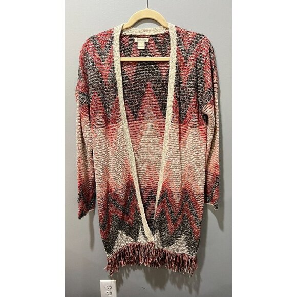 Lucky Brand Womens Brown Open Tribal Cardigan Sweater Small Fringe Long Sleeve - Picture 4 of 13